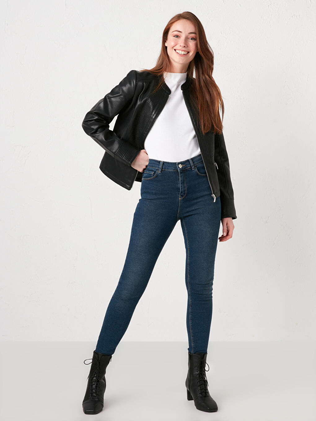 Grandad Collar Patterned Long Sleeve Women's Leather Looking Coat-2