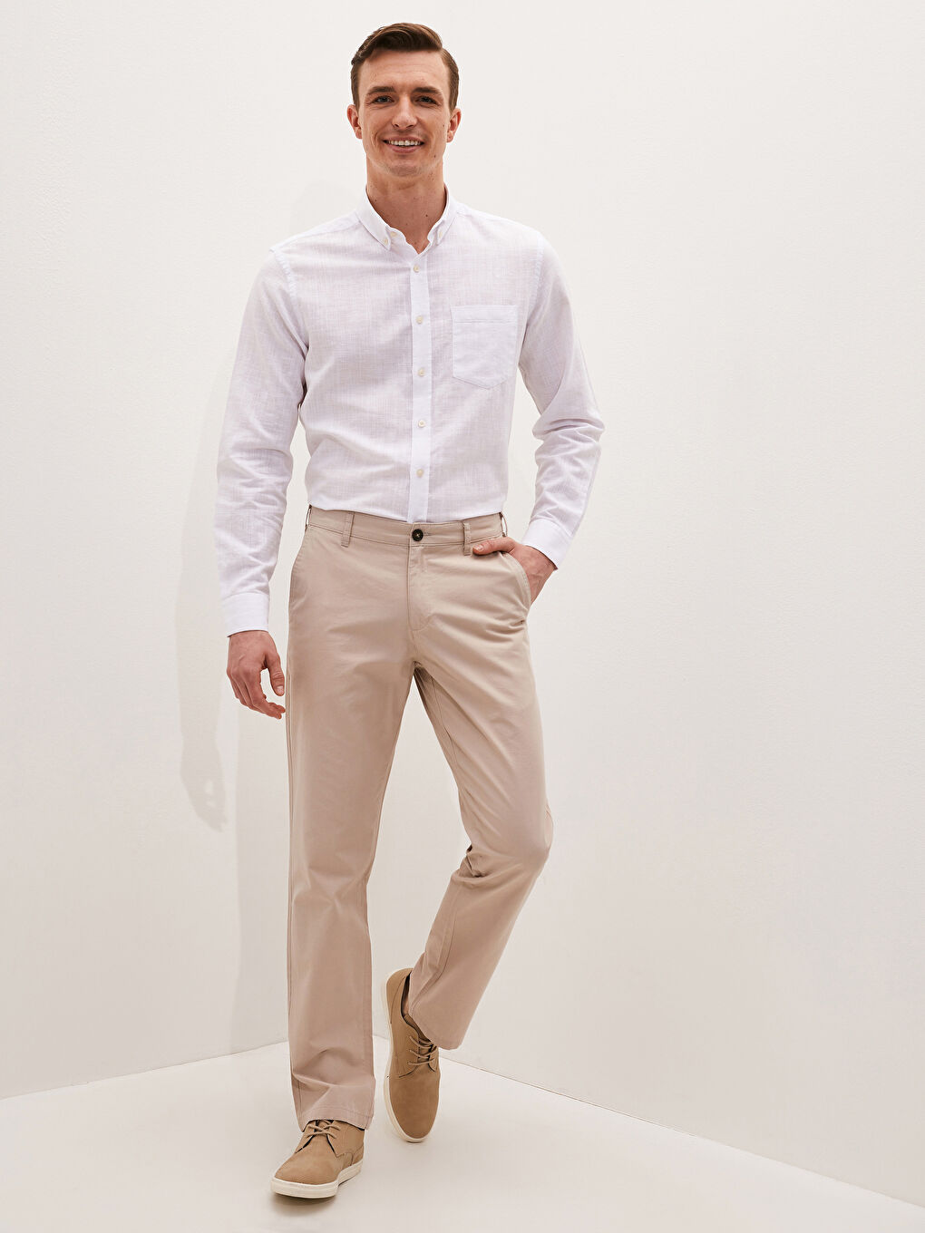 Bej Geniş Kalıp Gabardin Erkek Chino Pantolon