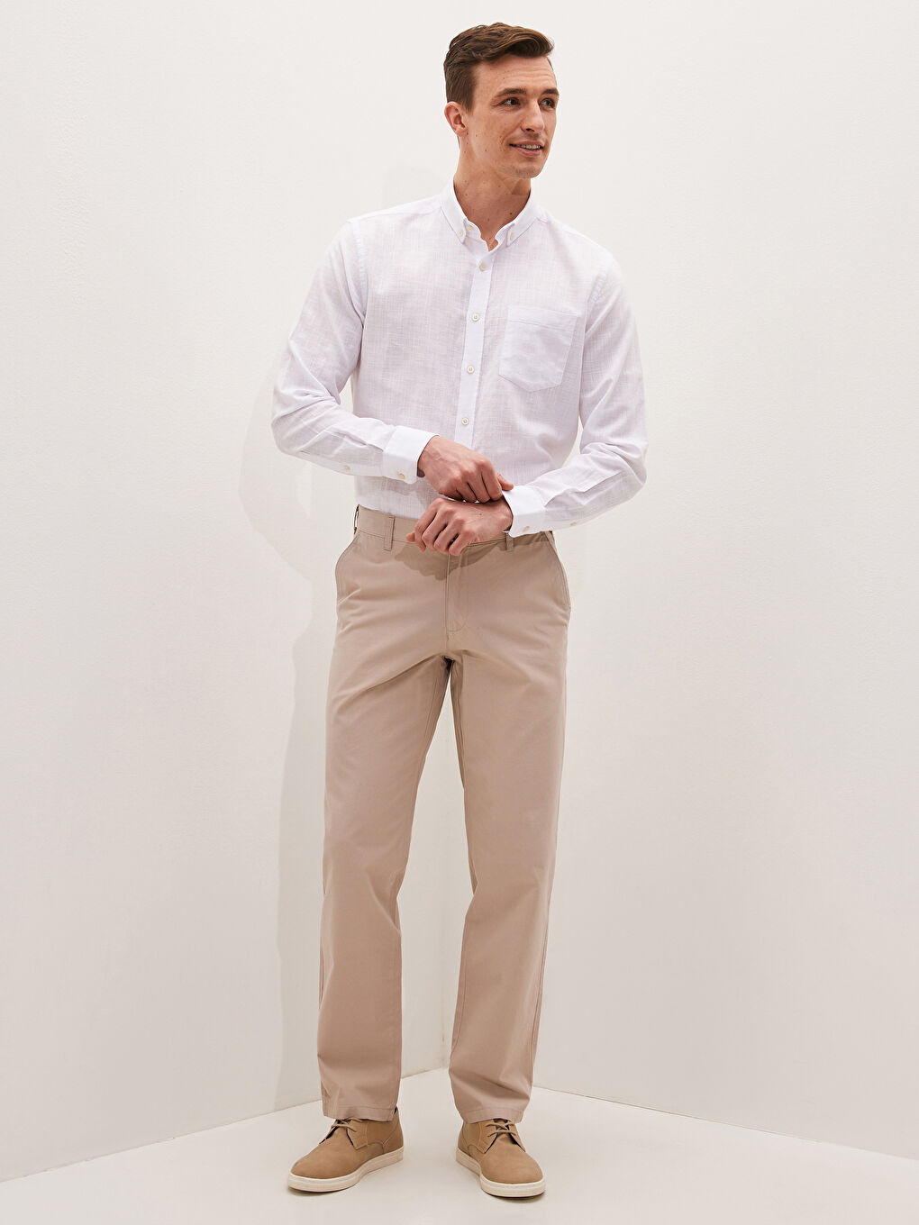 Bej Geniş Kalıp Gabardin Erkek Chino Pantolon-5