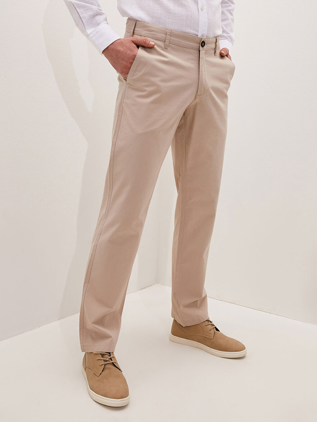 Bej Geniş Kalıp Gabardin Erkek Chino Pantolon-1