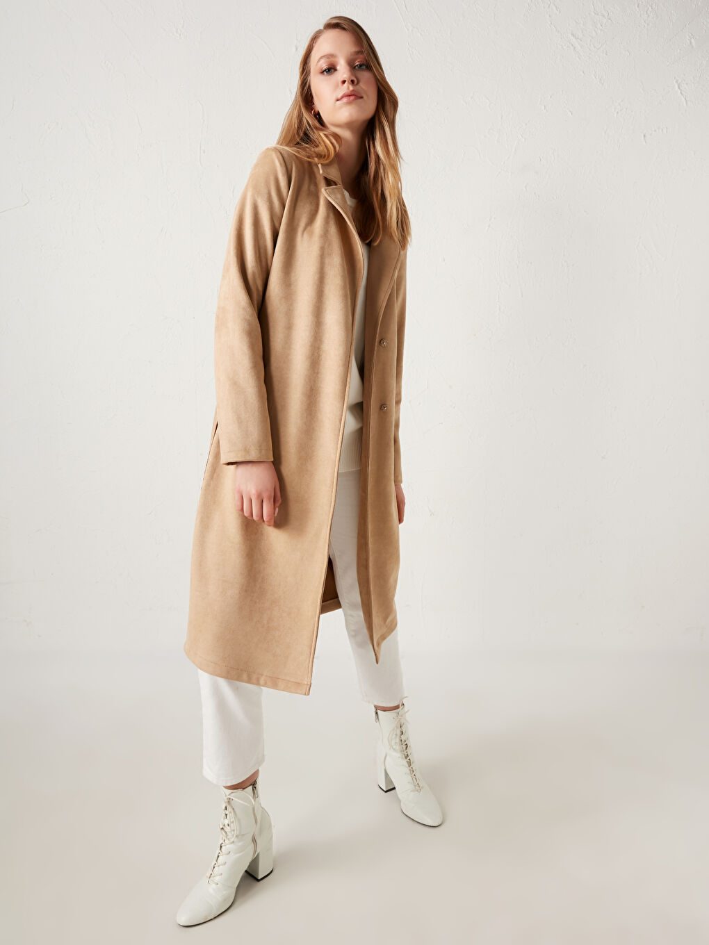 Jacket Collar Straight Belt Detailing Long Sleeved Women Suede Looking Trench Coat-1