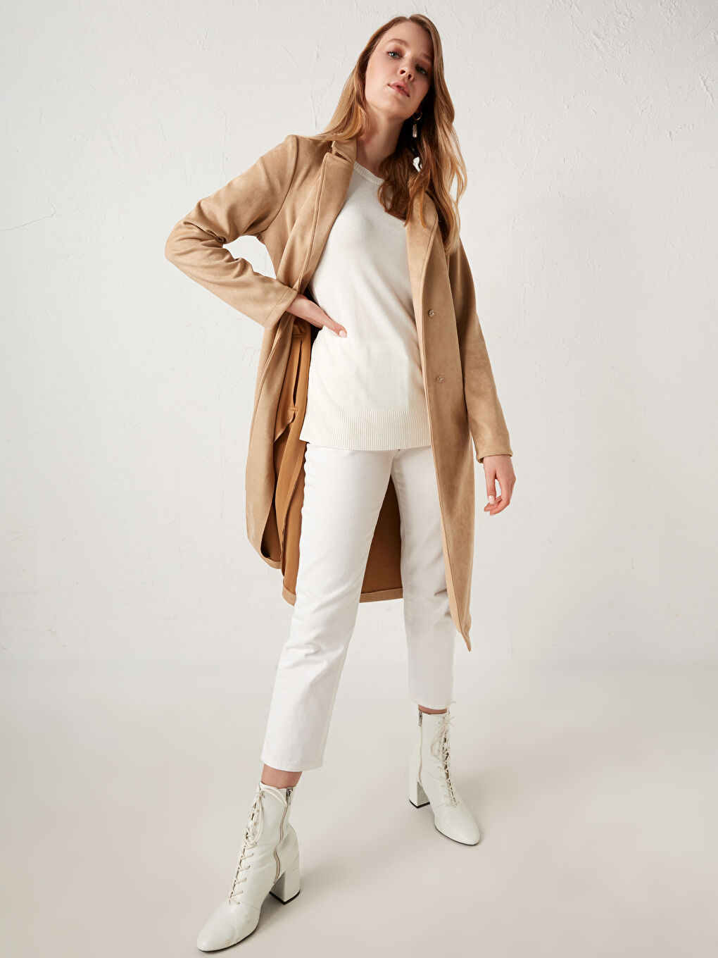 Jacket Collar Straight Belt Detailing Long Sleeved Women Suede Looking Trench Coat-2