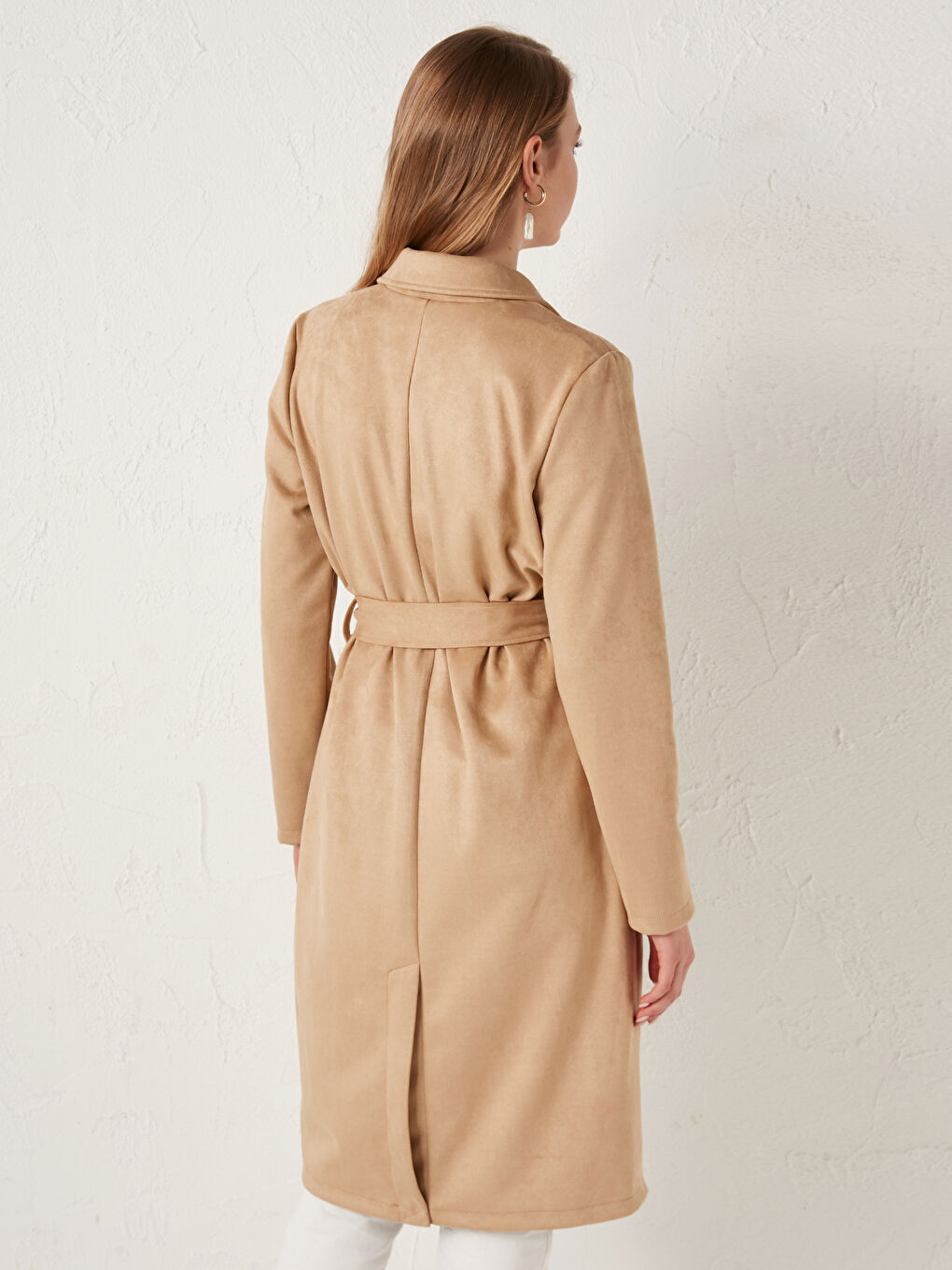 Jacket Collar Straight Belt Detailing Long Sleeved Women Suede Looking Trench Coat-3