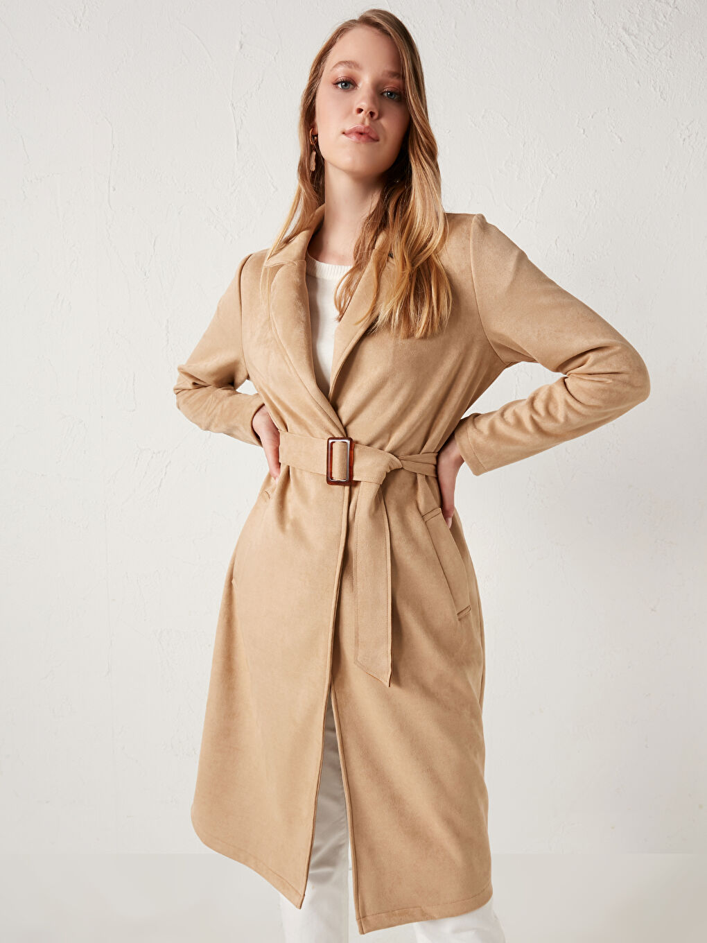Jacket Collar Straight Belt Detailing Long Sleeved Women Suede Looking Trench Coat