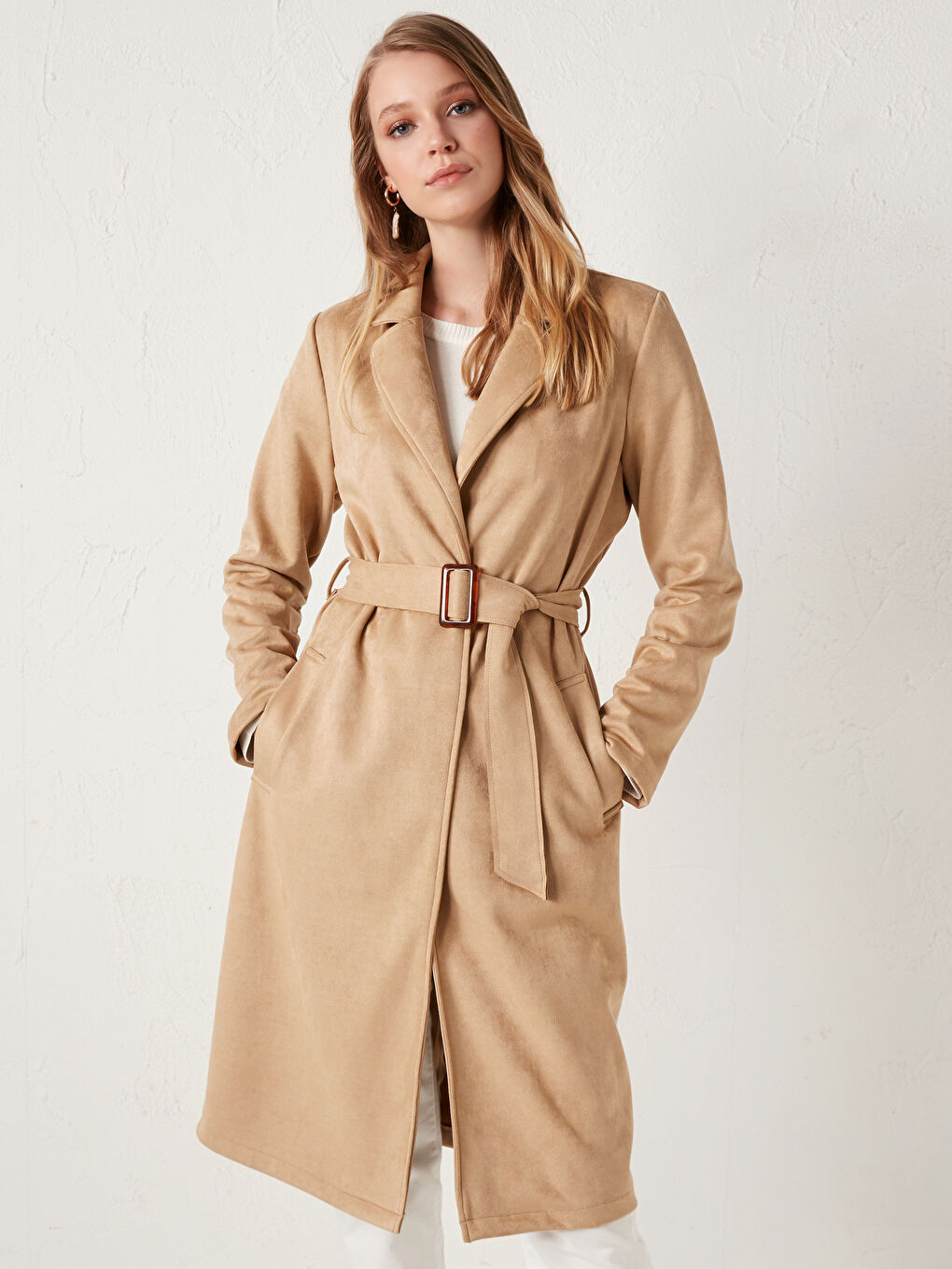 Jacket Collar Straight Belt Detailing Long Sleeved Women Suede Looking Trench Coat-4