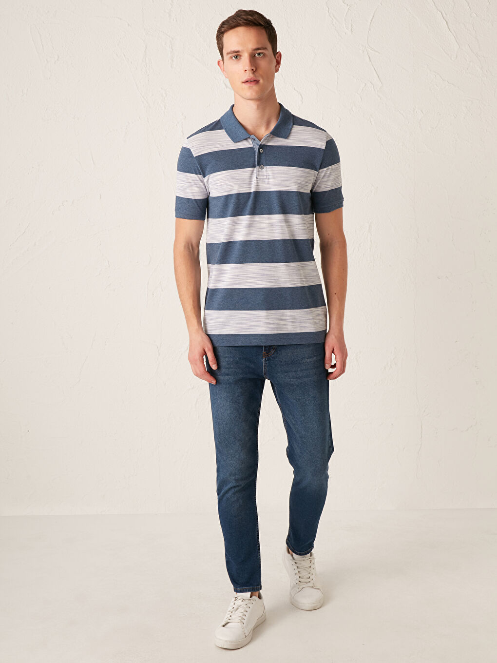 Striped Polo Neck Short Sleeve Cotton T-Shirt-1