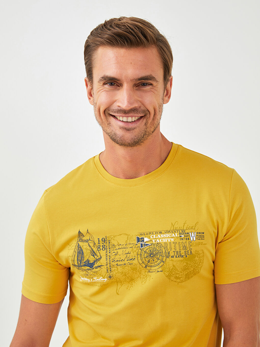Sarı Bisiklet Yaka Kısa Kollu Baskılı Penye Erkek Tişört