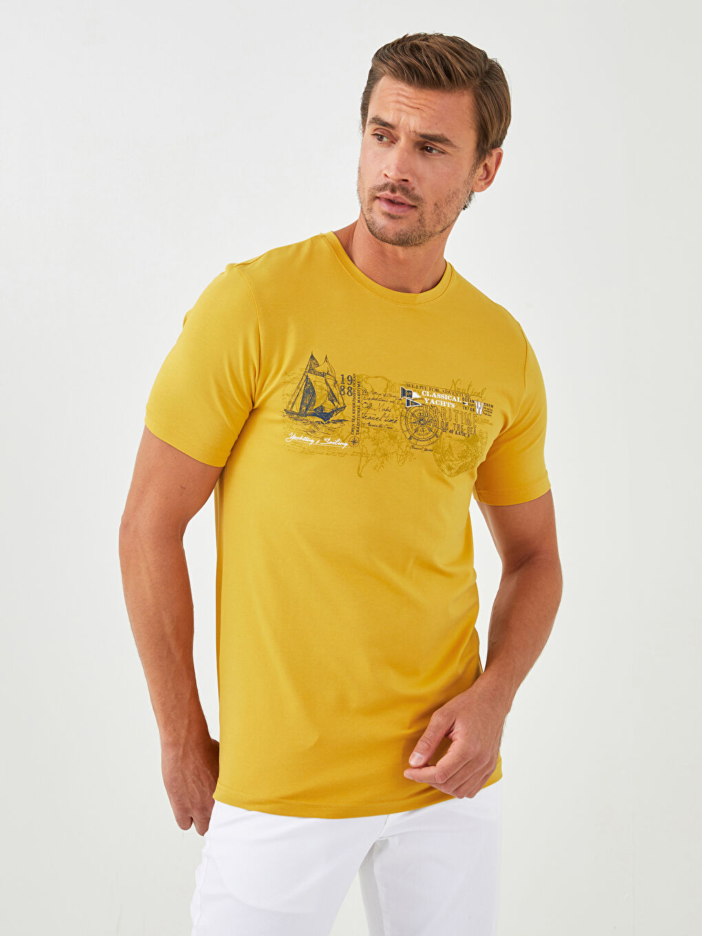 Sarı Bisiklet Yaka Kısa Kollu Baskılı Penye Erkek Tişört-1