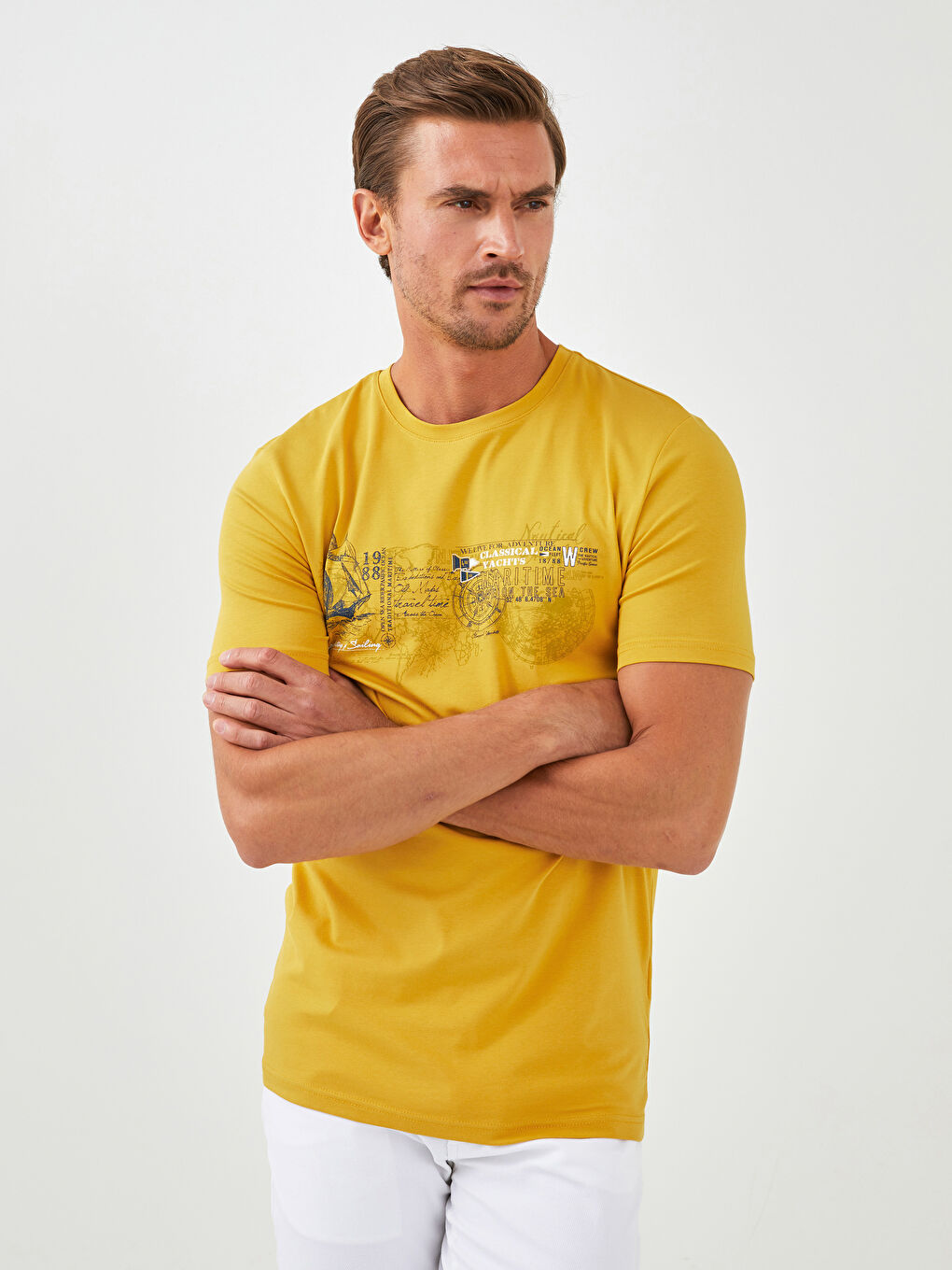 Sarı Bisiklet Yaka Kısa Kollu Baskılı Penye Erkek Tişört-2