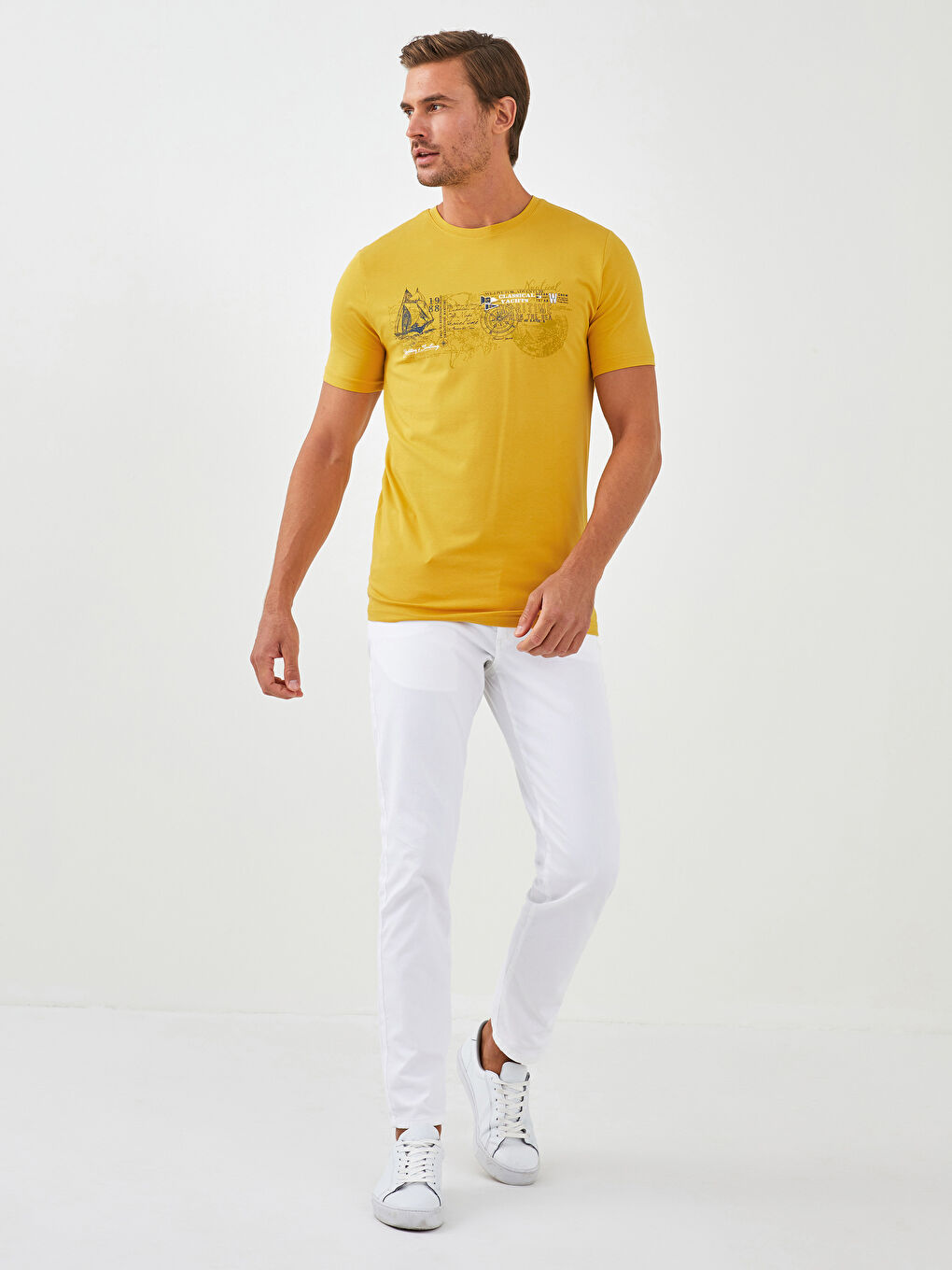 Sarı Bisiklet Yaka Kısa Kollu Baskılı Penye Erkek Tişört-3