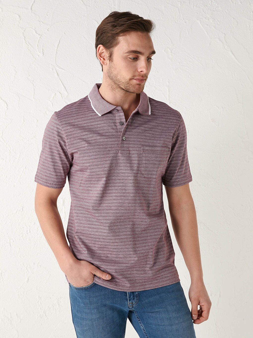 Bordo Polo Yaka Kısa Kollu Pamuklu Erkek Tişört-3