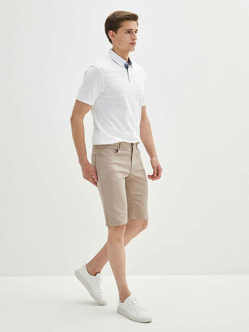 Bej Standart Kalıp Armürlü Erkek Şort-7