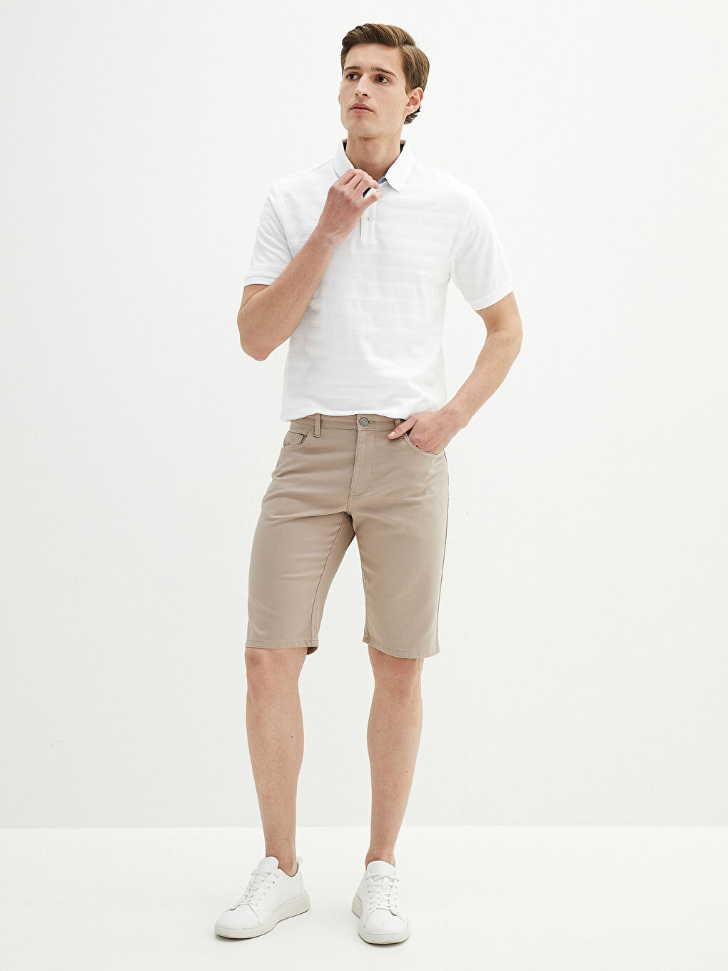 Bej Standart Kalıp Armürlü Erkek Şort-6