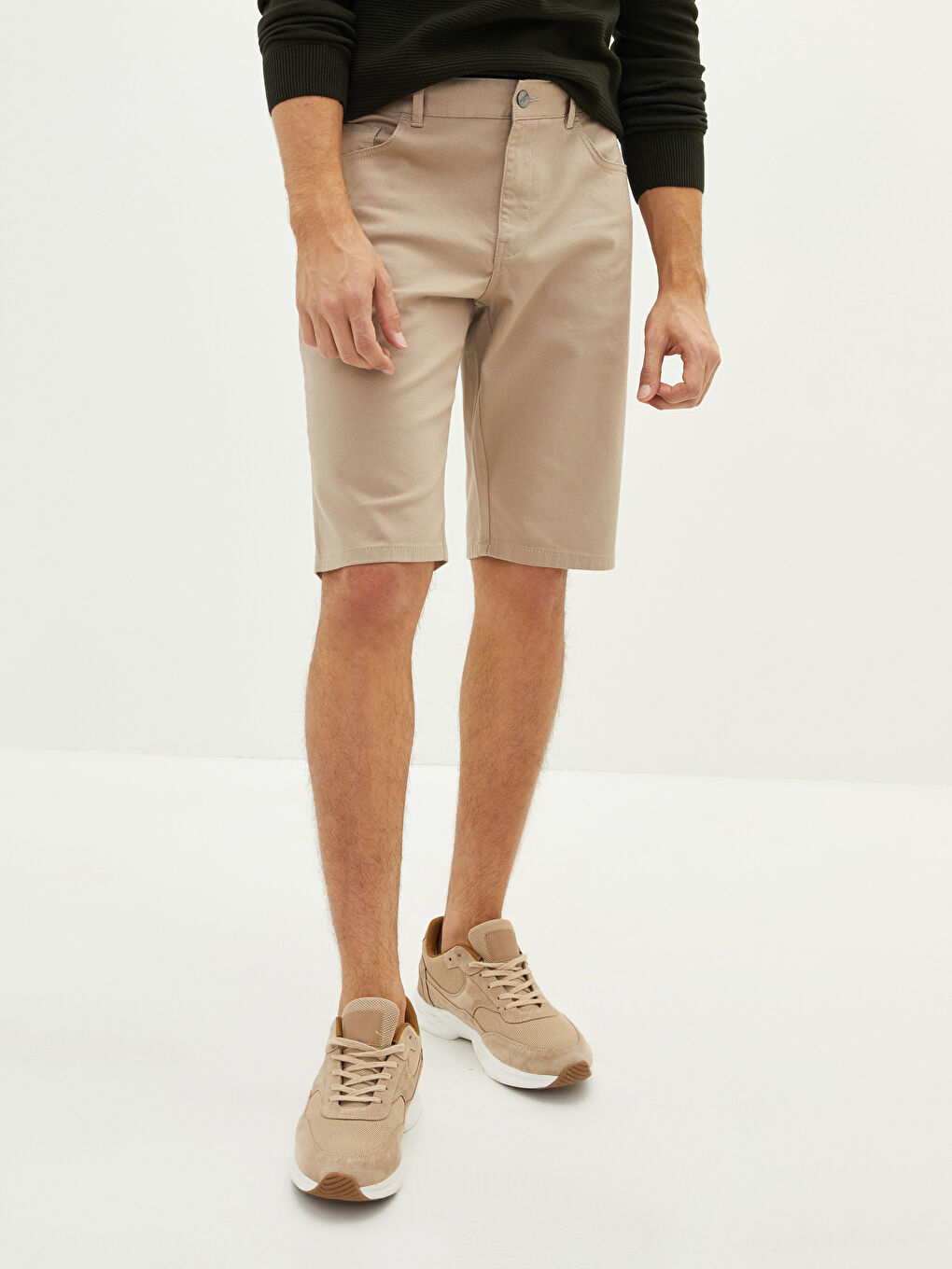 Bej Standart Kalıp Armürlü Erkek Şort-4