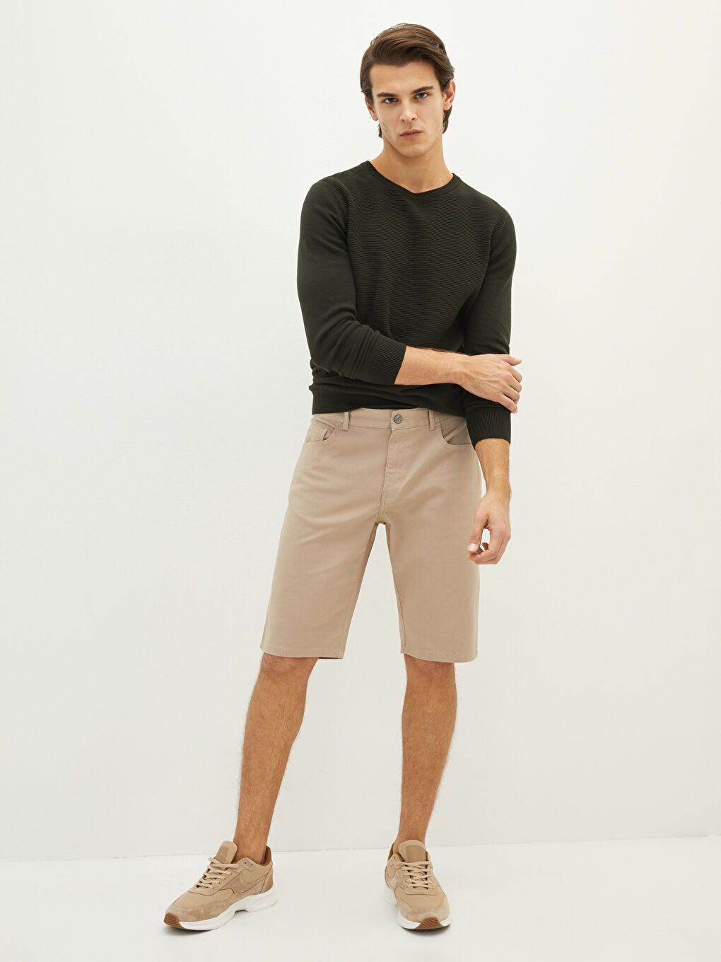 Bej Standart Kalıp Armürlü Erkek Şort-2