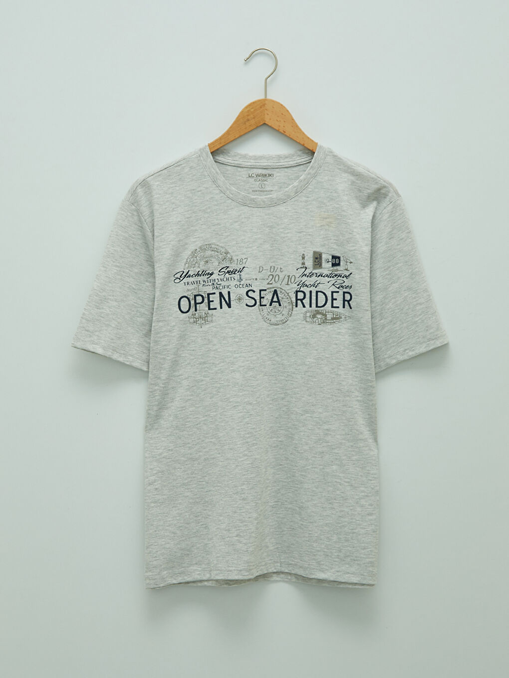 Bej Bisiklet Yaka Kısa Kollu Baskılı Penye Erkek Tişört-5