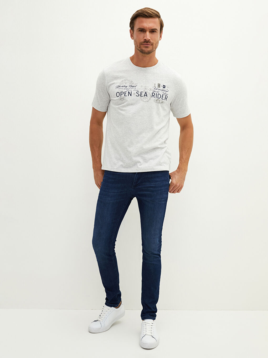 Bej Bisiklet Yaka Kısa Kollu Baskılı Penye Erkek Tişört-2