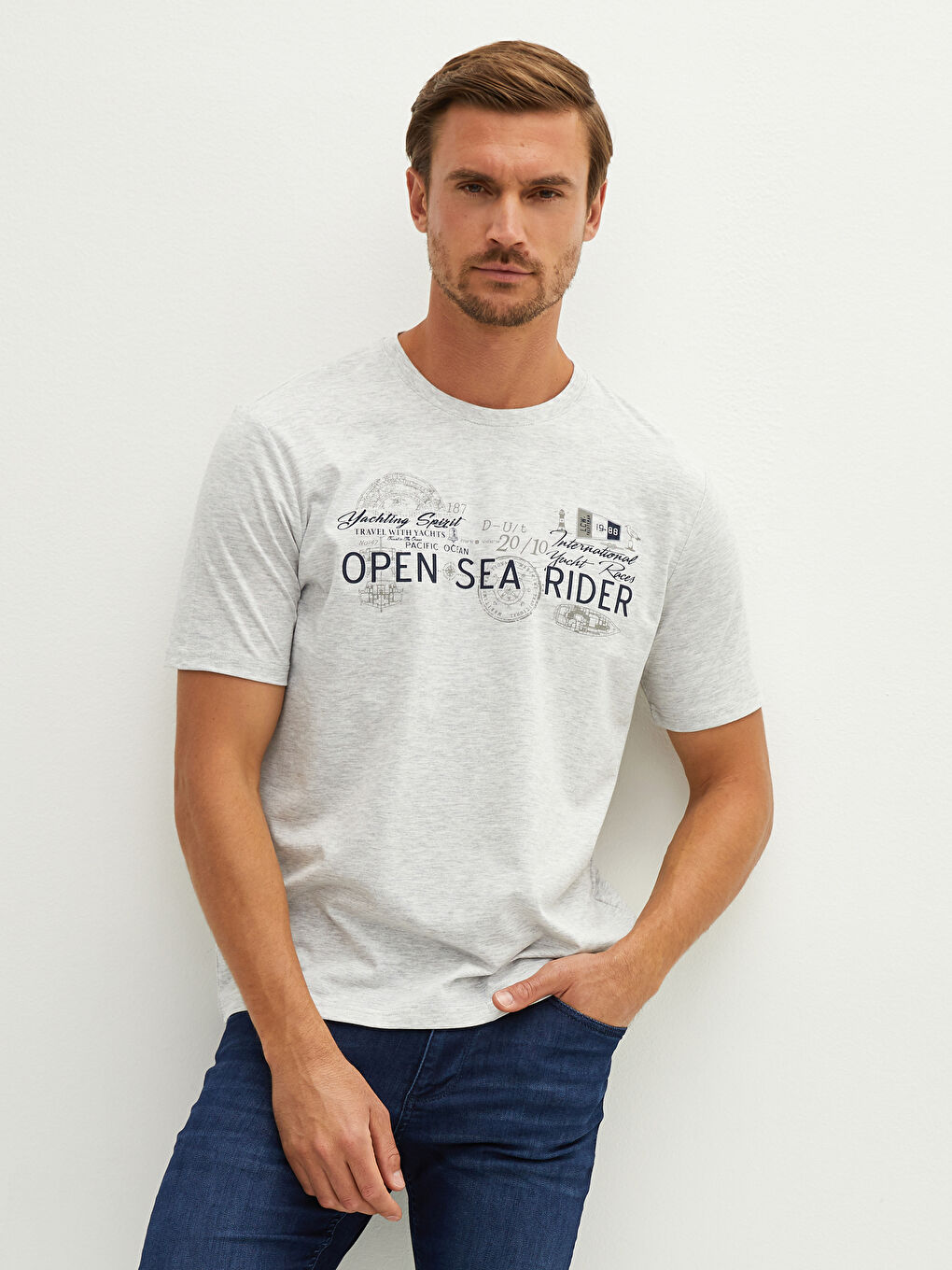 Bej Bisiklet Yaka Kısa Kollu Baskılı Penye Erkek Tişört-4