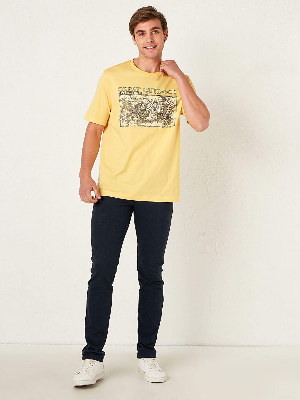 Sarı Bisiklet Yaka Baskılı Penye Tişört-1