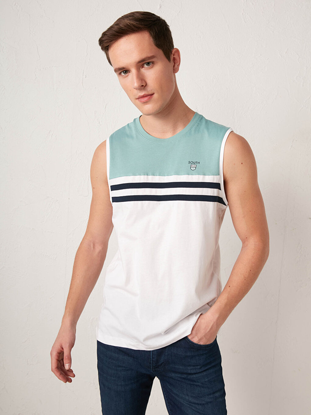 Yeşil Standart Kalıp Bisiklet Yaka Pamuklu Erkek Kolsuz Tişört-1