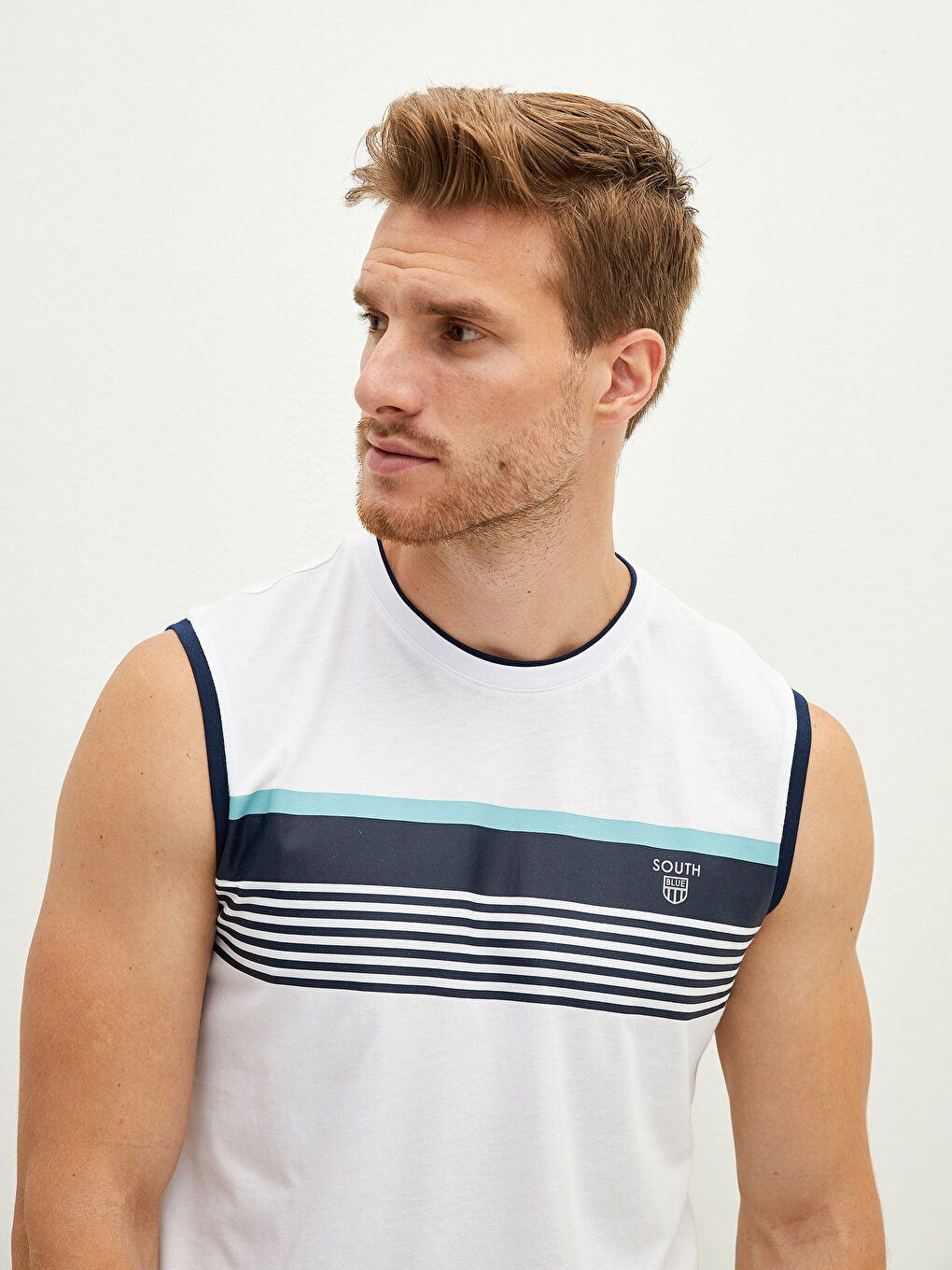 Beyaz Bisiklet Yaka Baskılı Pamuklu Erkek Kolsuz Tişört-3