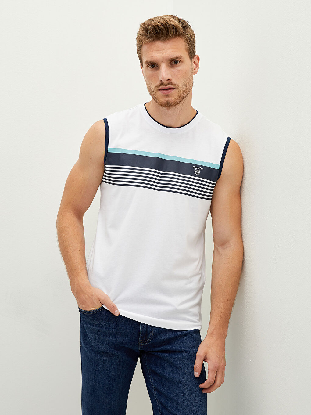 Beyaz Bisiklet Yaka Baskılı Pamuklu Erkek Kolsuz Tişört