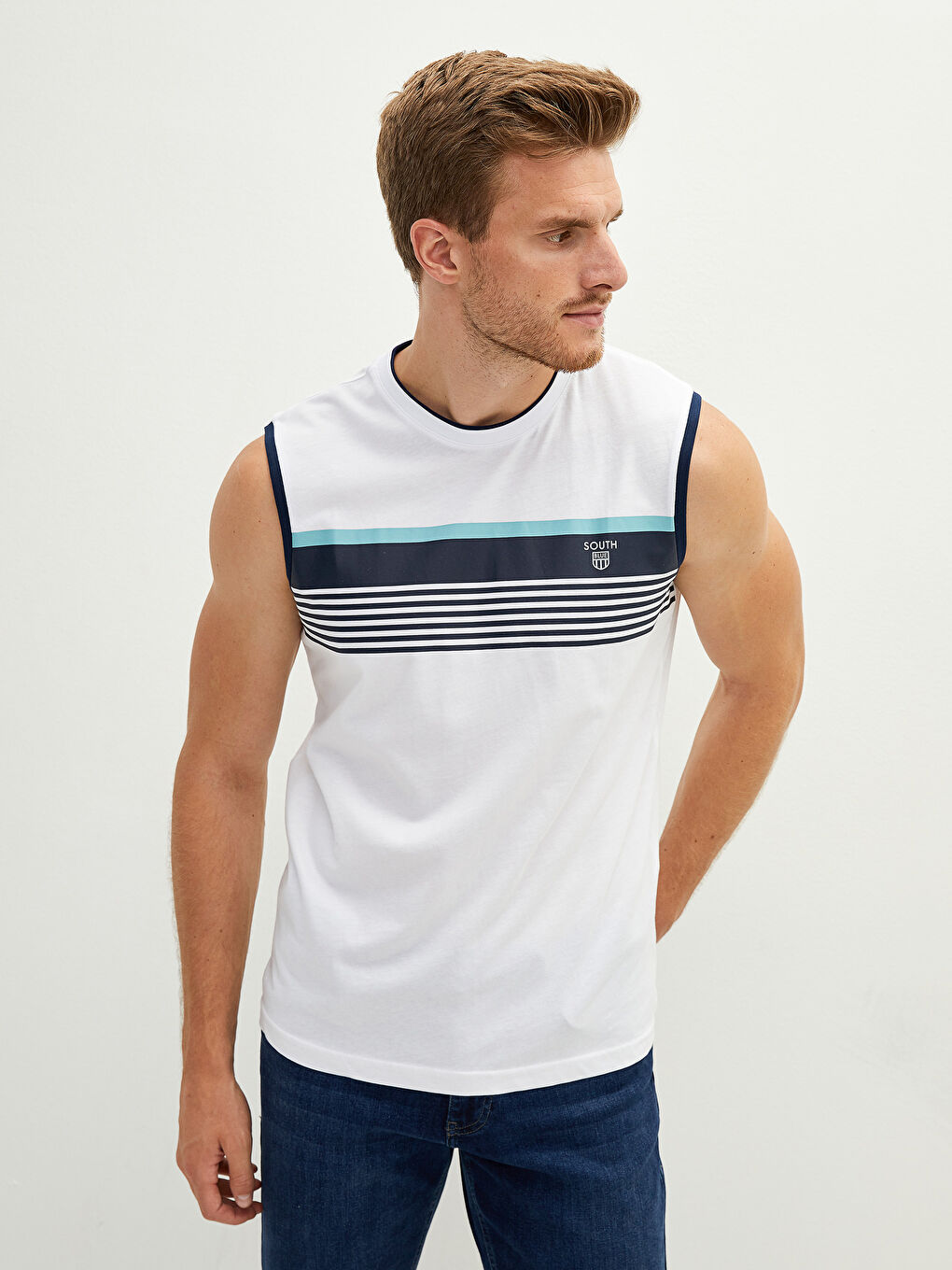 Beyaz Bisiklet Yaka Baskılı Pamuklu Erkek Kolsuz Tişört-2