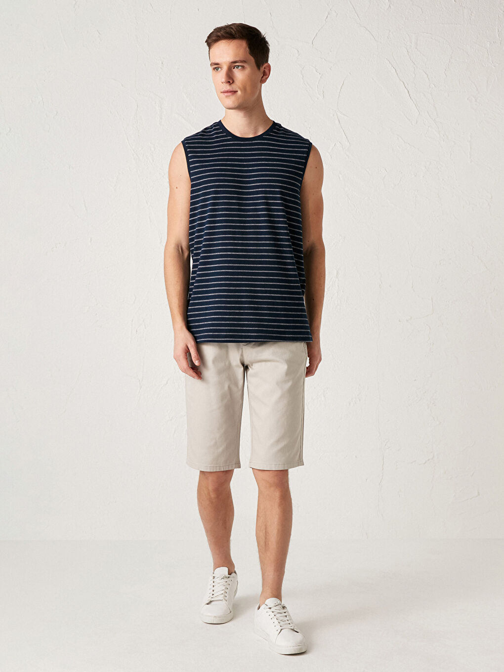 Lacivert Bisiklet Yaka Çizgili Pamuklu Erkek Kolsuz Tişört-2