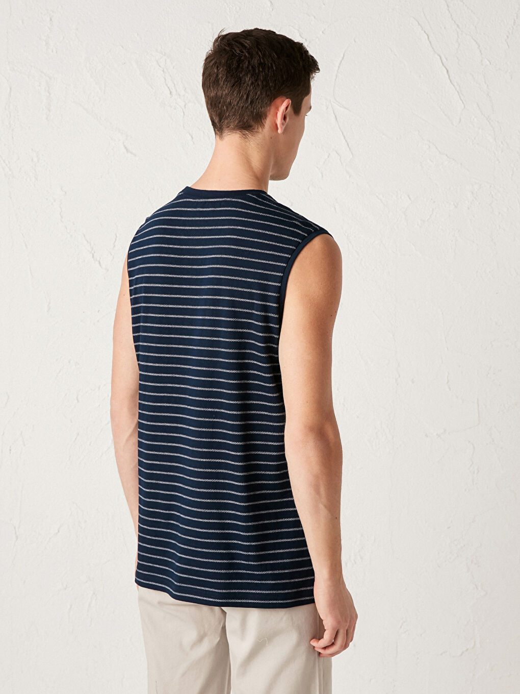 Lacivert Bisiklet Yaka Çizgili Pamuklu Erkek Kolsuz Tişört-3