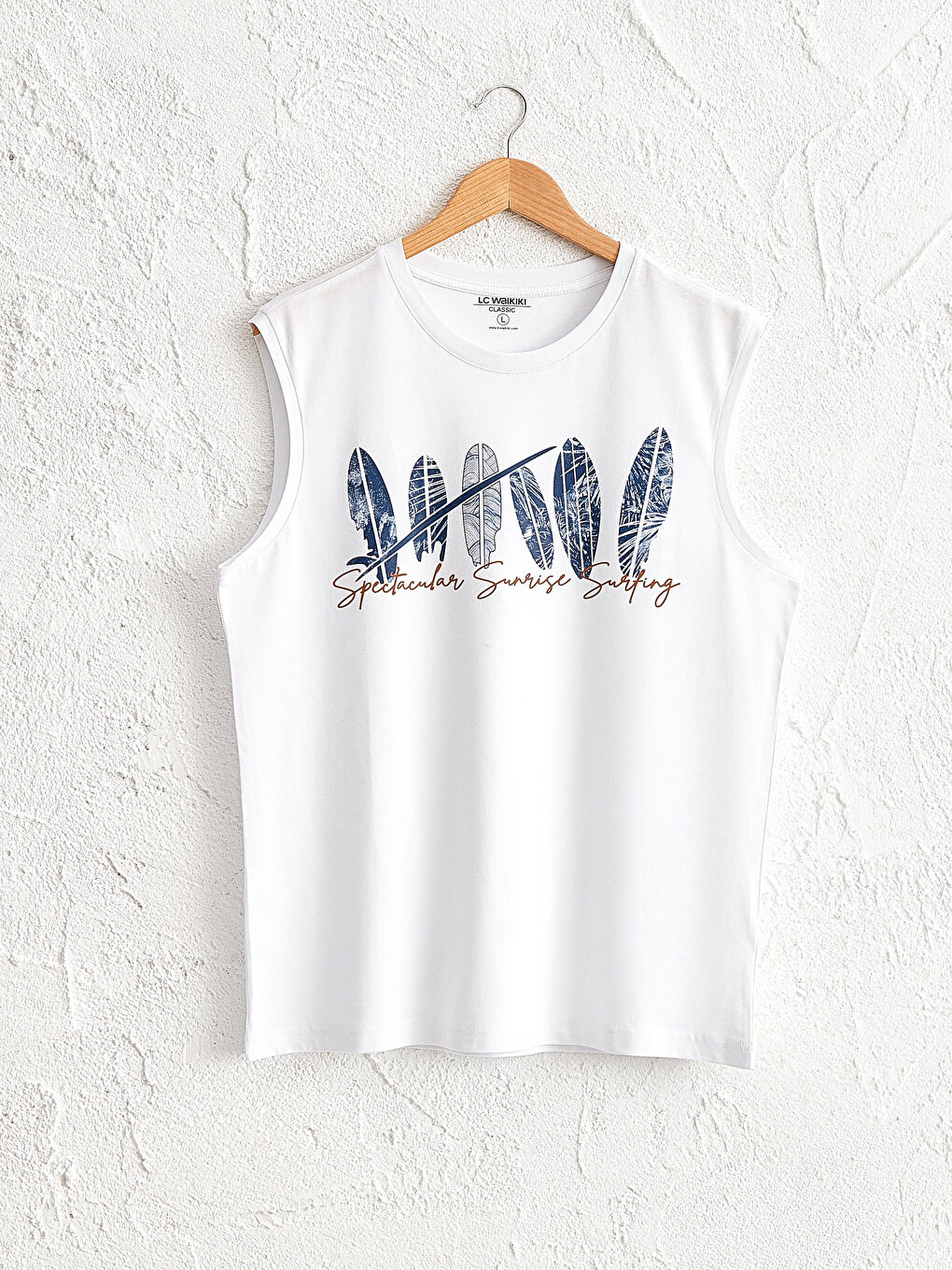 Beyaz Bisiklet Yaka Baskılı Erkek Kolsuz Tişört