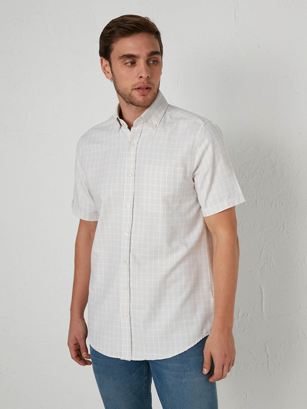 Bej Regular Fit Kısa Kollu Poplin Gömlek-1