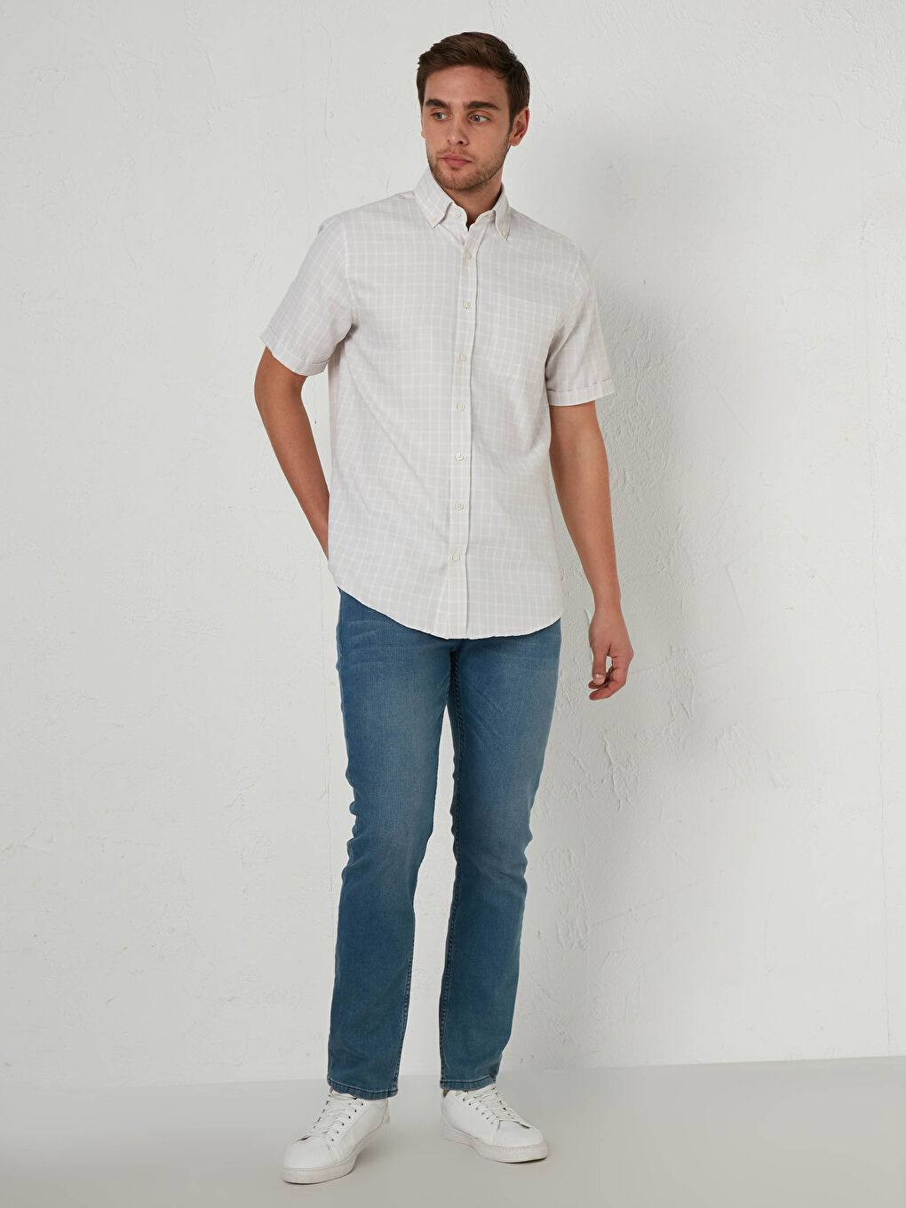 Bej Regular Fit Kısa Kollu Poplin Gömlek-2