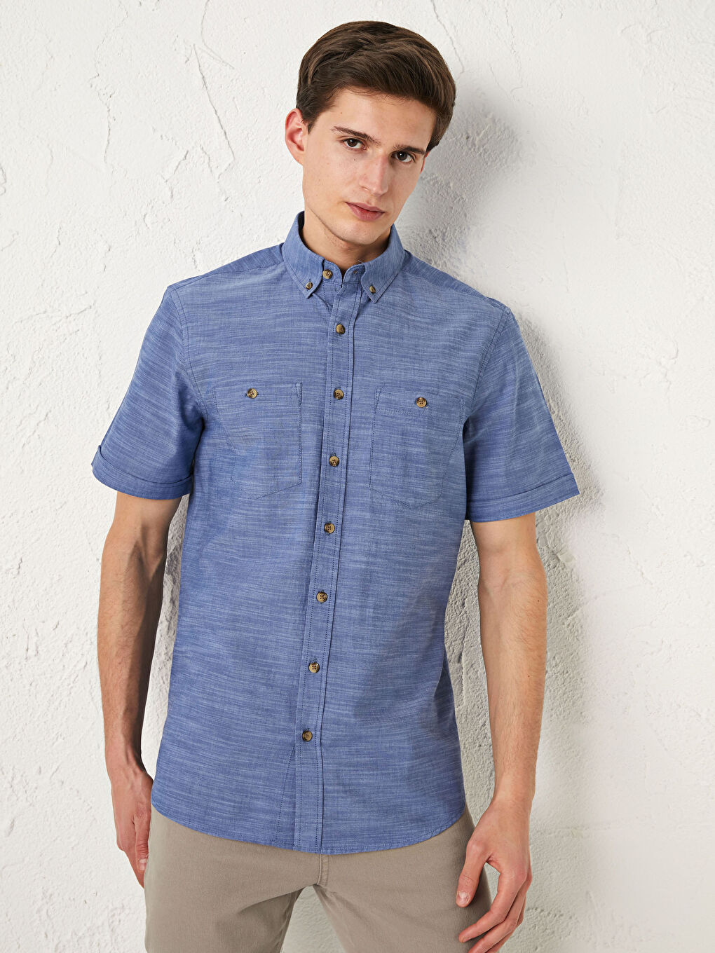 Lacivert Regular Fit Kısa Kollu Poplin Erkek Gömlek