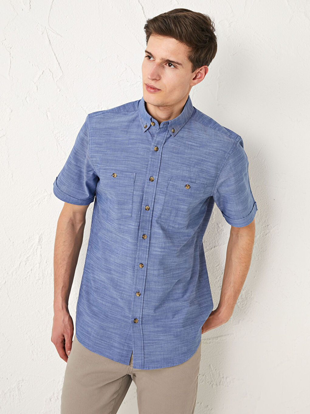 Lacivert Regular Fit Kısa Kollu Poplin Erkek Gömlek-1