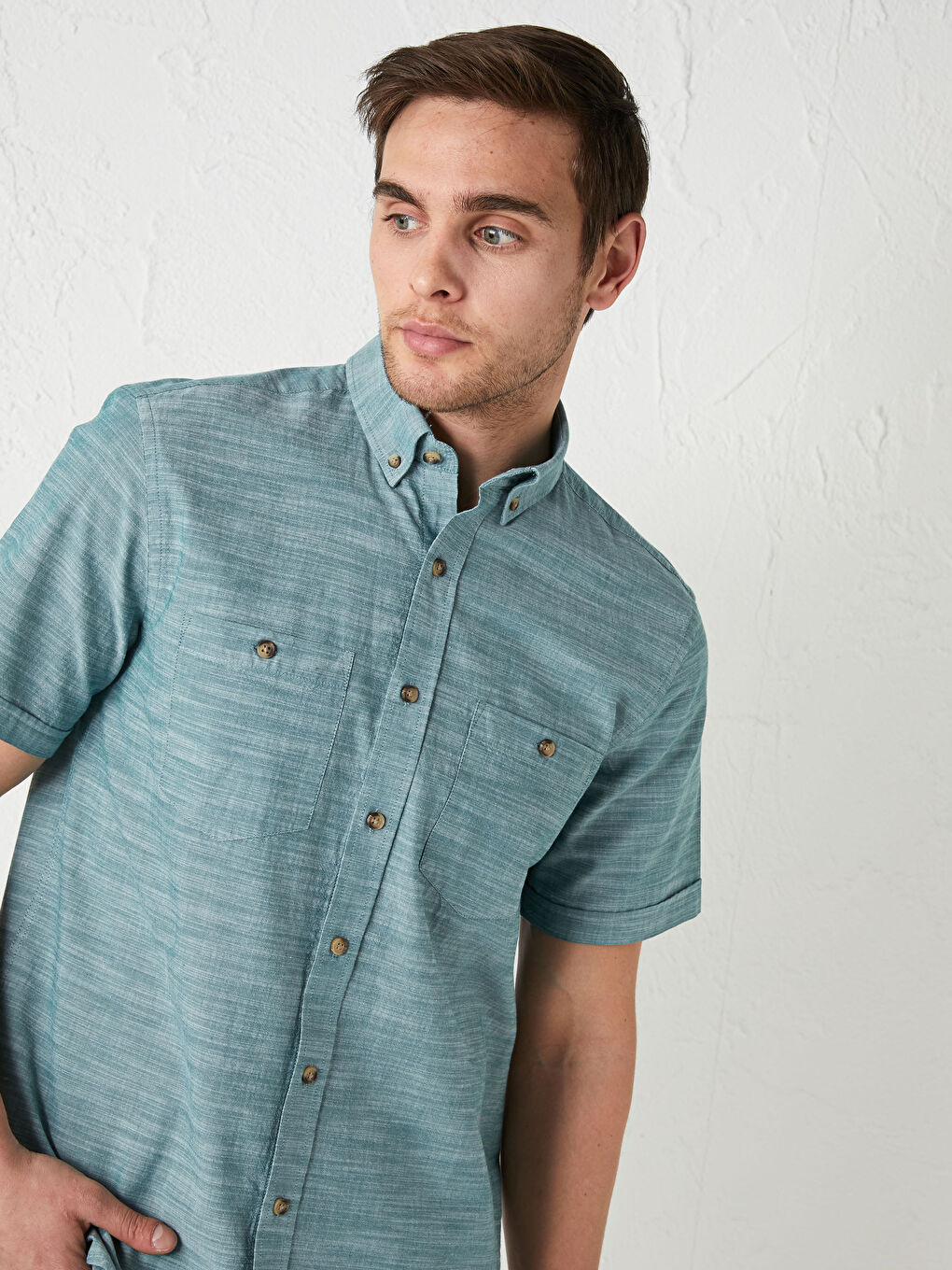 Yeşil Regular Fit Kısa Kollu Poplin Erkek Gömlek-1