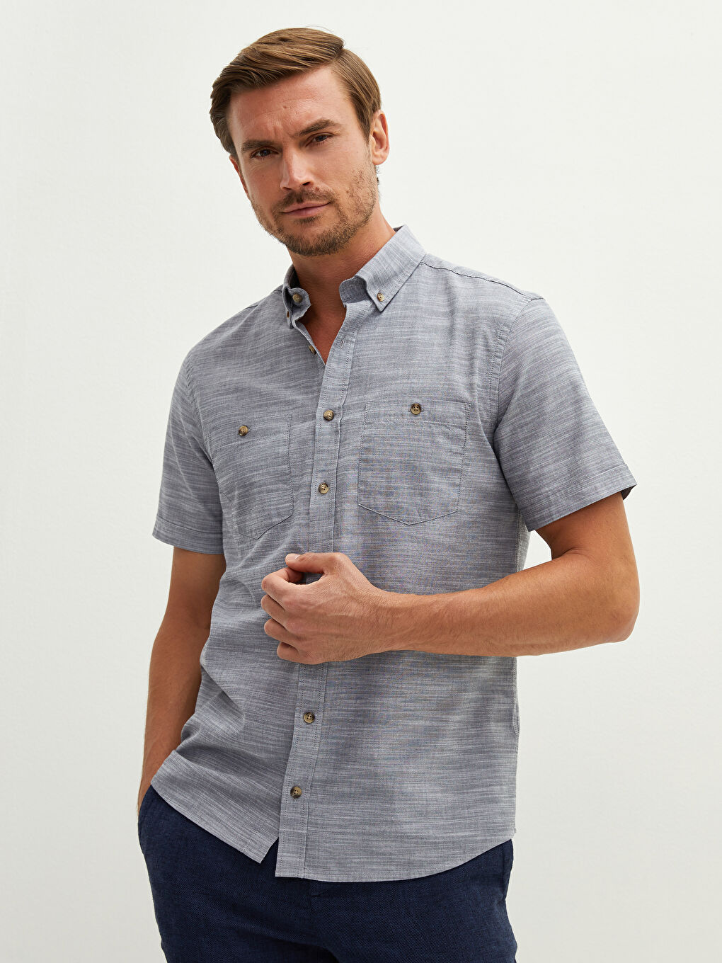 Antrasit Regular Fit Kısa Kollu Poplin Erkek Gömlek-1