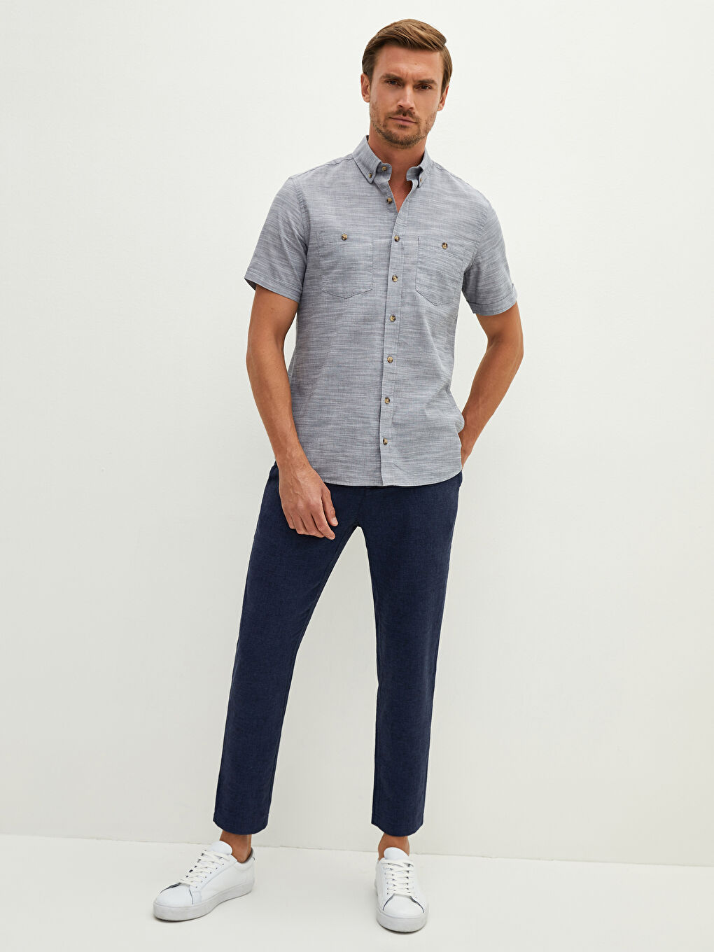 Antrasit Regular Fit Kısa Kollu Poplin Erkek Gömlek-2