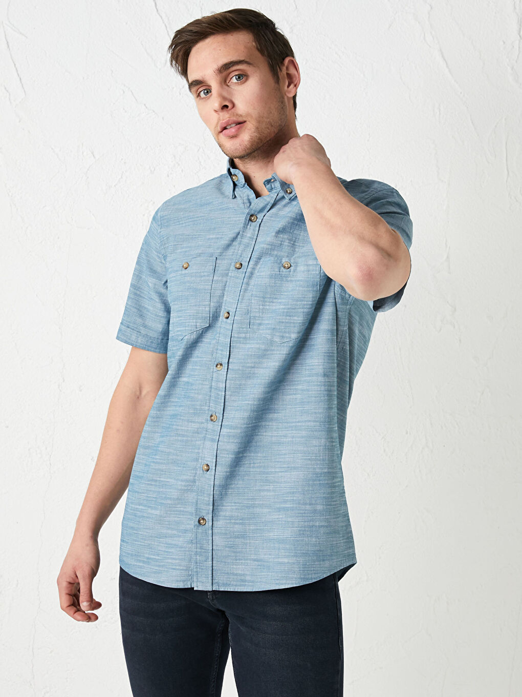 Petrol Regular Fit Kısa Kollu Poplin Erkek Gömlek-1