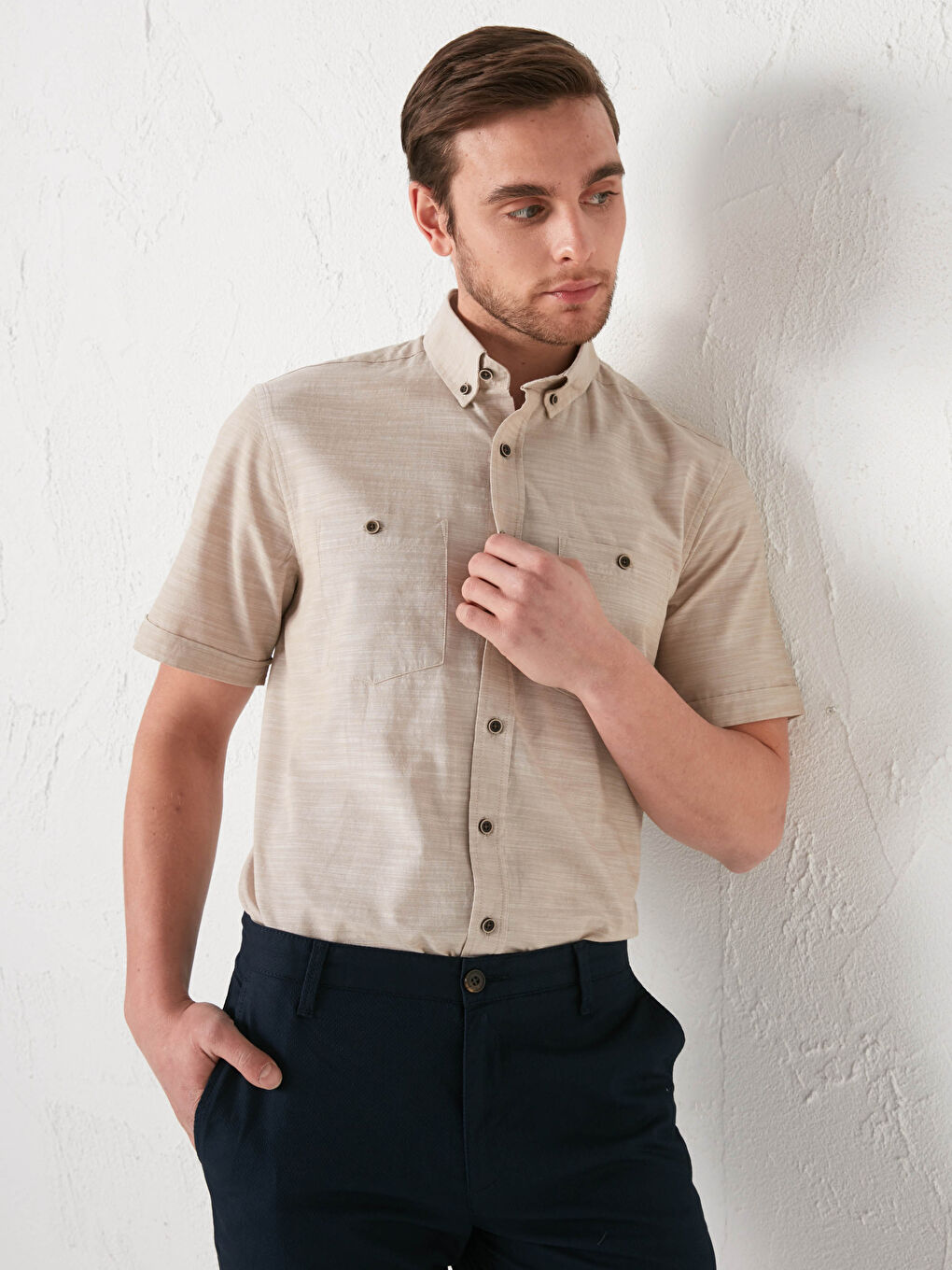 Bej Regular Fit Kısa Kollu Poplin Erkek Gömlek