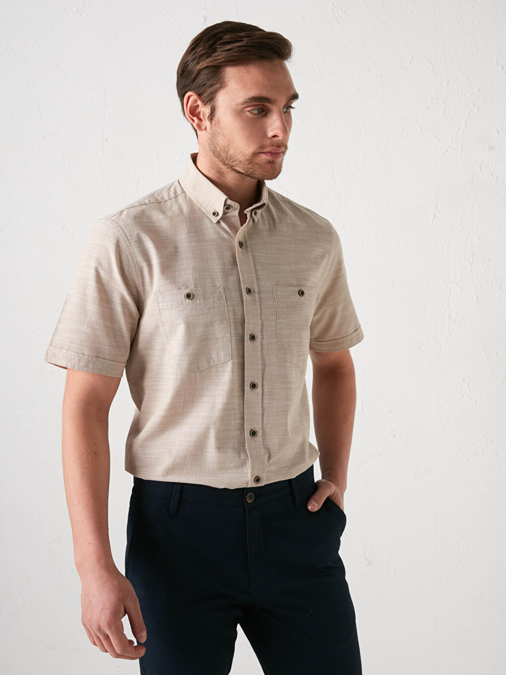Bej Regular Fit Kısa Kollu Poplin Erkek Gömlek-1