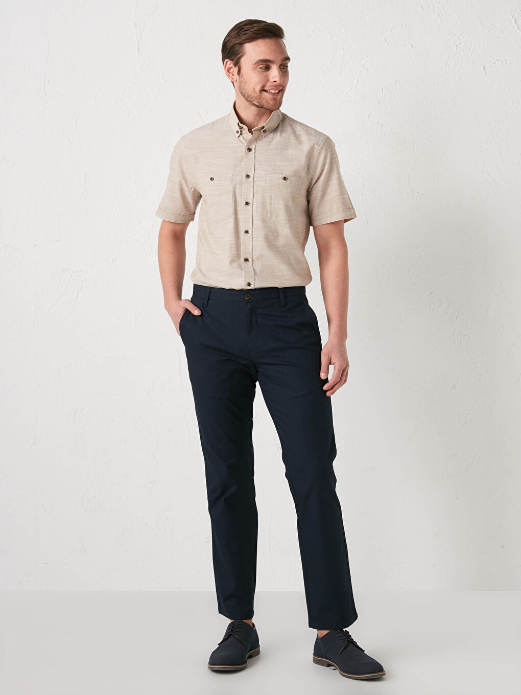 Bej Regular Fit Kısa Kollu Poplin Erkek Gömlek-3