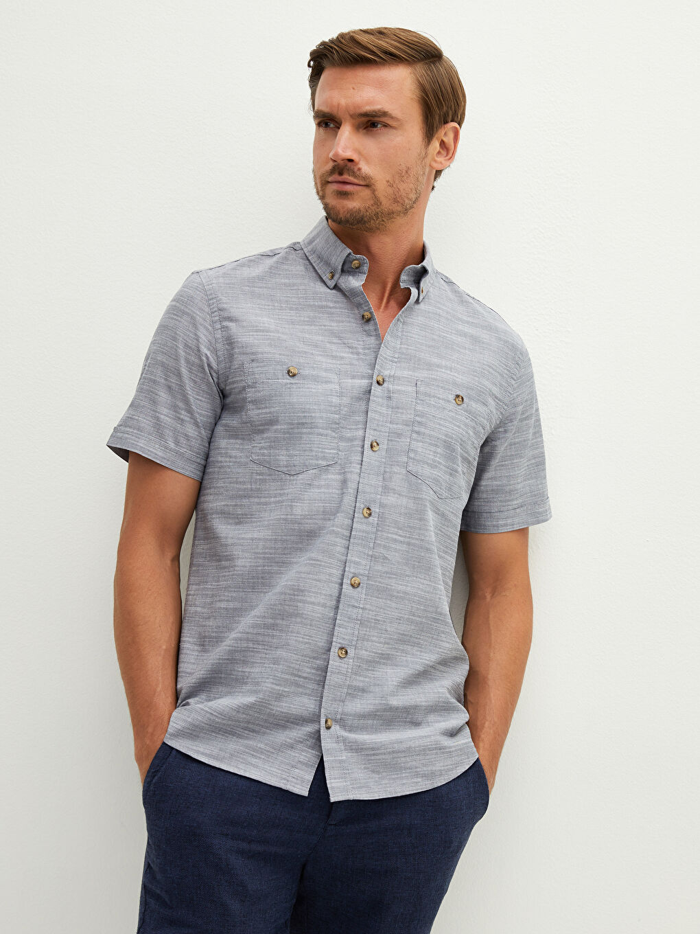 Antrasit Regular Fit Kısa Kollu Poplin Erkek Gömlek