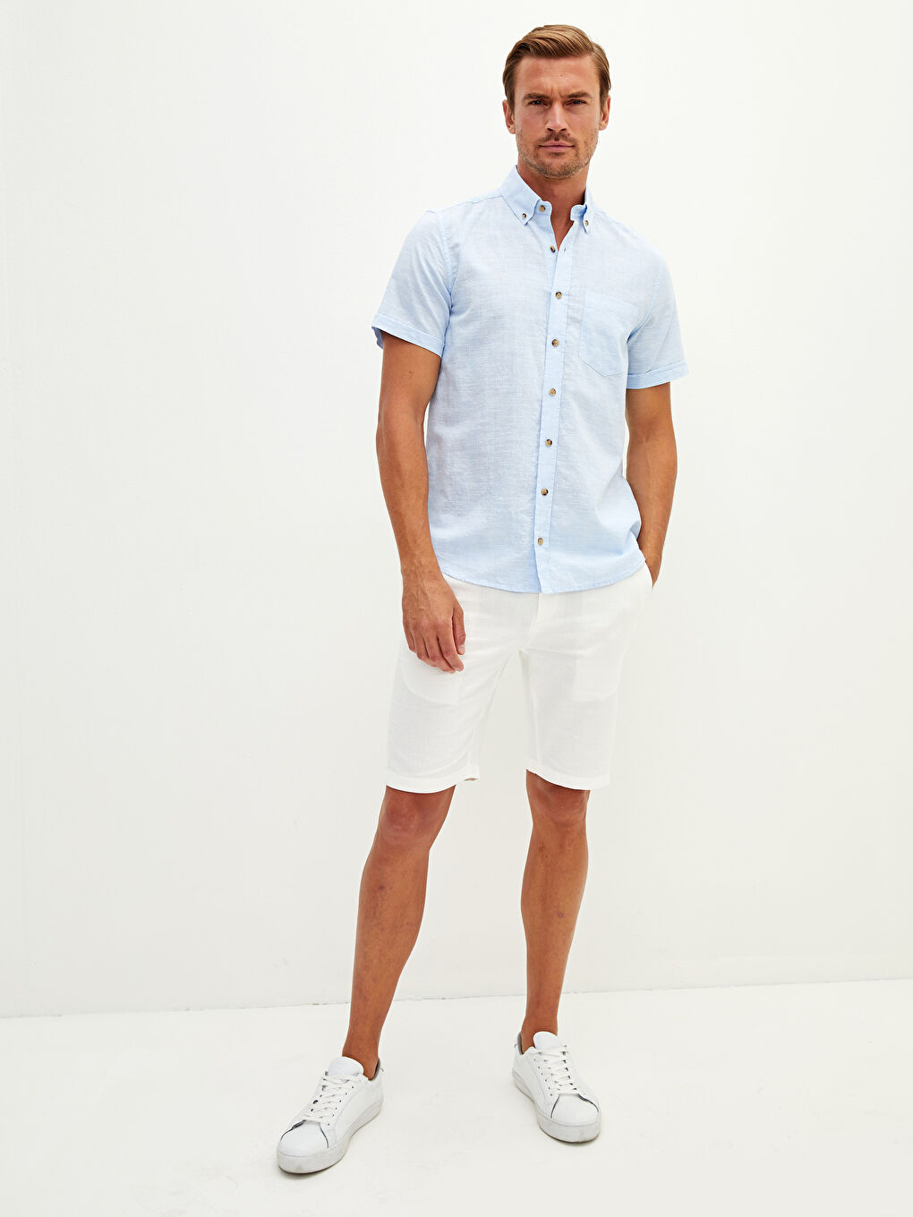 Chemise en Lin à Manches Courtes pour Hommes Coupe Régulière-2