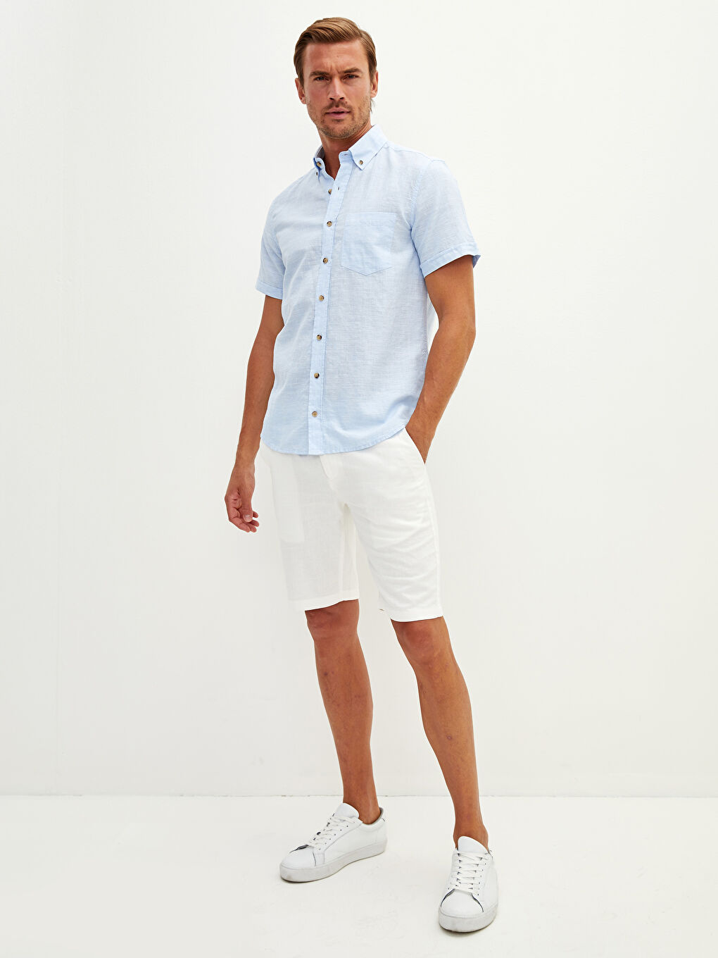 Chemise en Lin à Manches Courtes pour Hommes Coupe Régulière-3