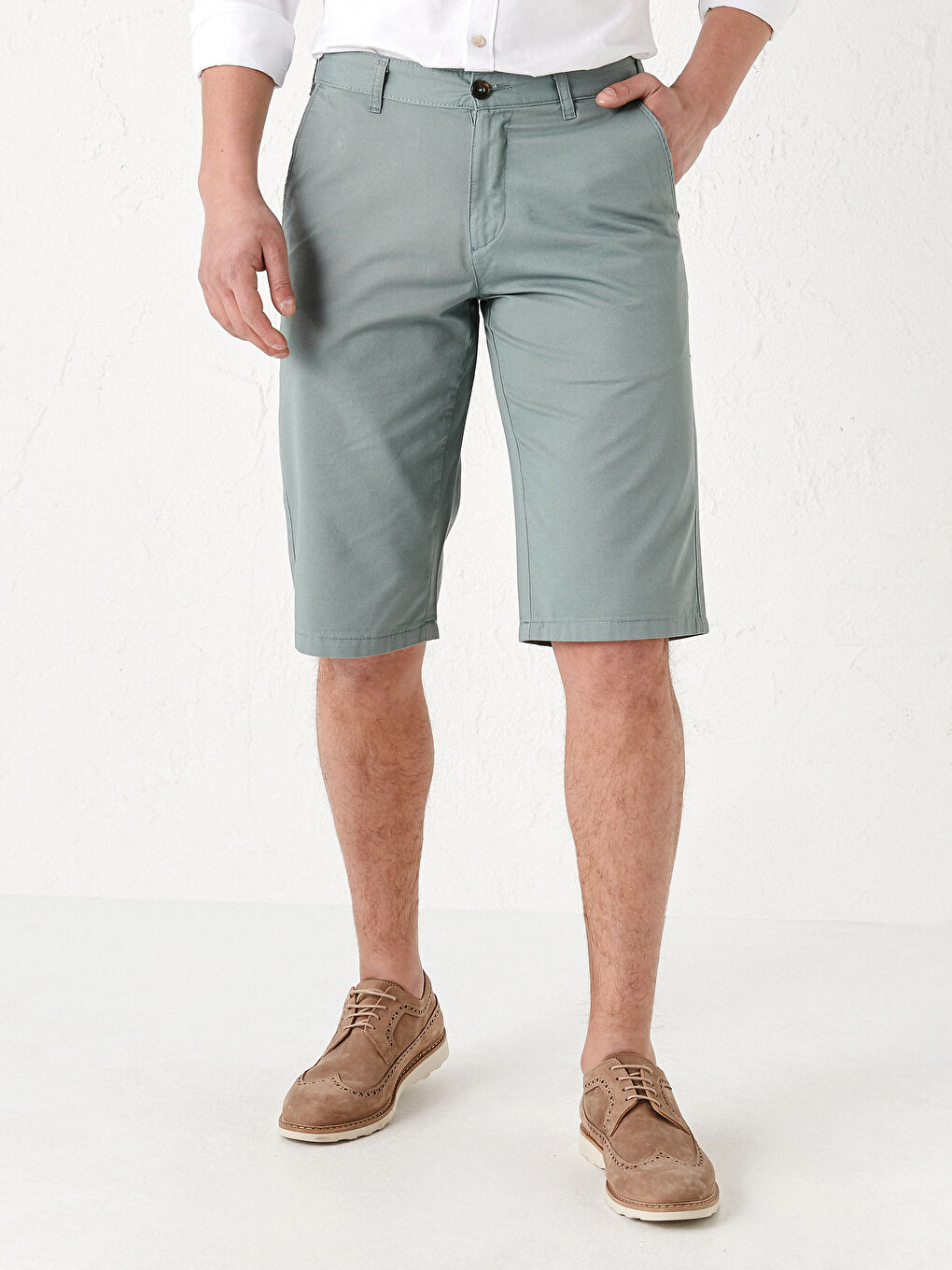 Yeşil Standart Kalıp Gabardin Şort-2