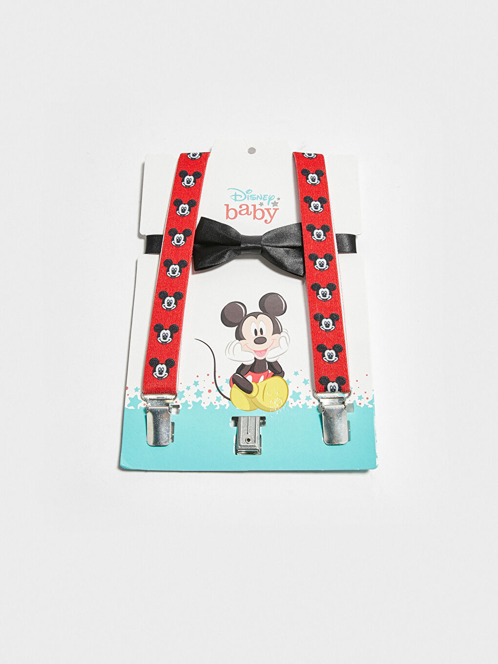 Kırmızı Erkek Bebek Mickey Mouse Baskılı Pantolon Askısı ve Papyon