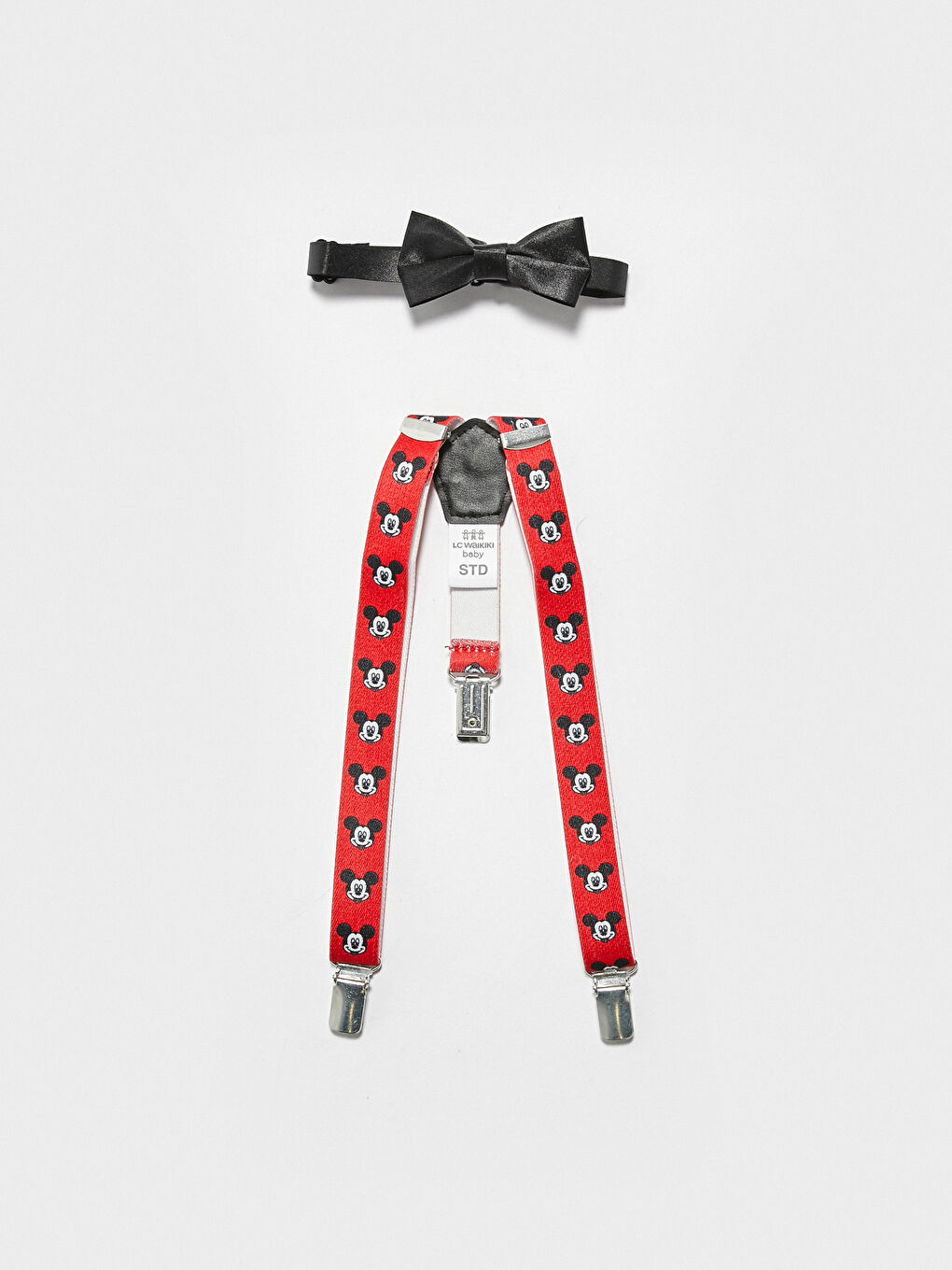 Kırmızı Erkek Bebek Mickey Mouse Baskılı Pantolon Askısı ve Papyon-2