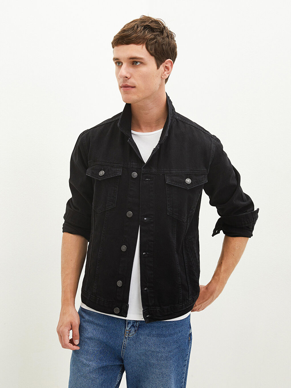 Siyah Standart Kalıp Erkek Jean Ceket-1