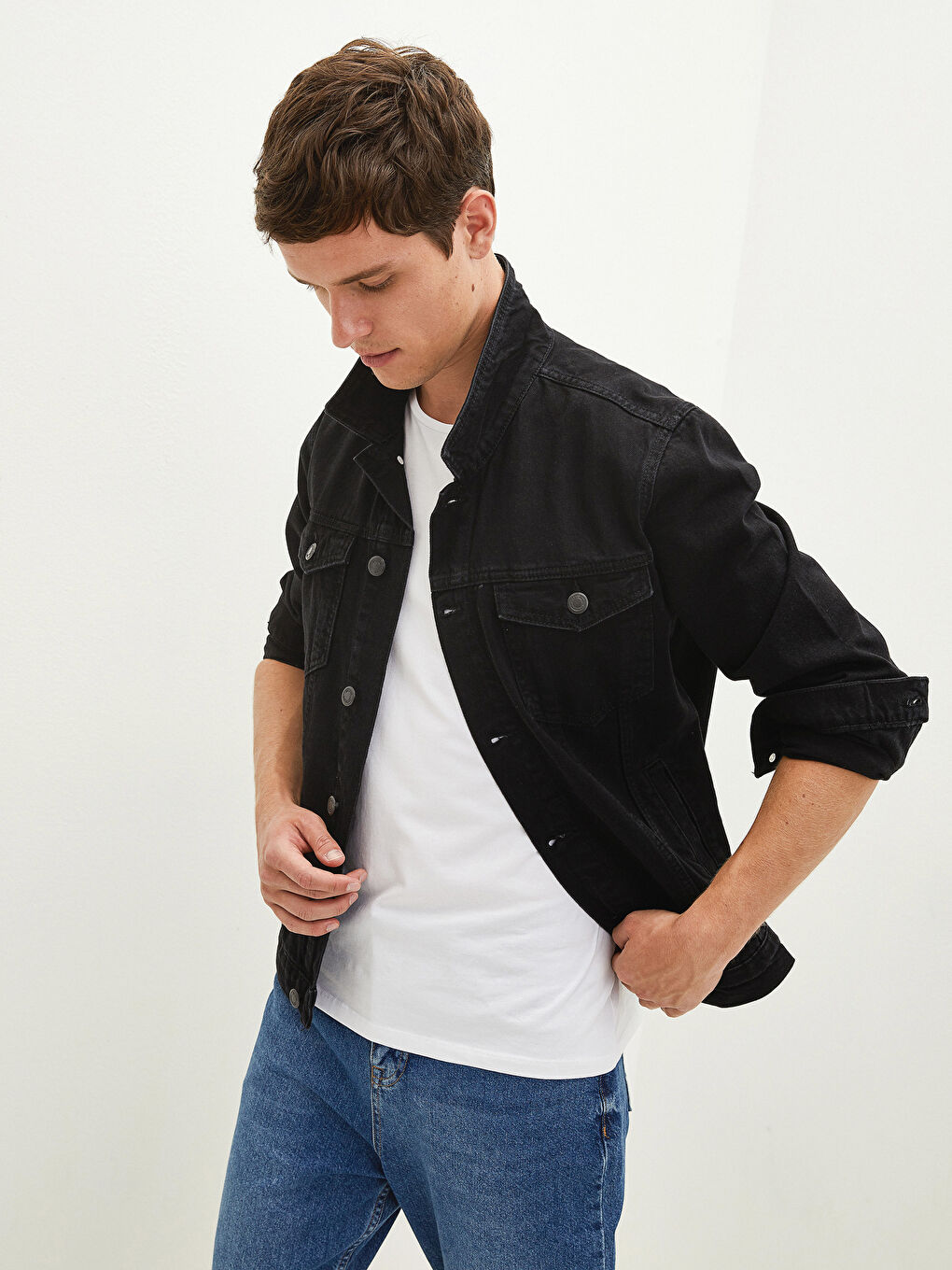 Siyah Standart Kalıp Erkek Jean Ceket-5