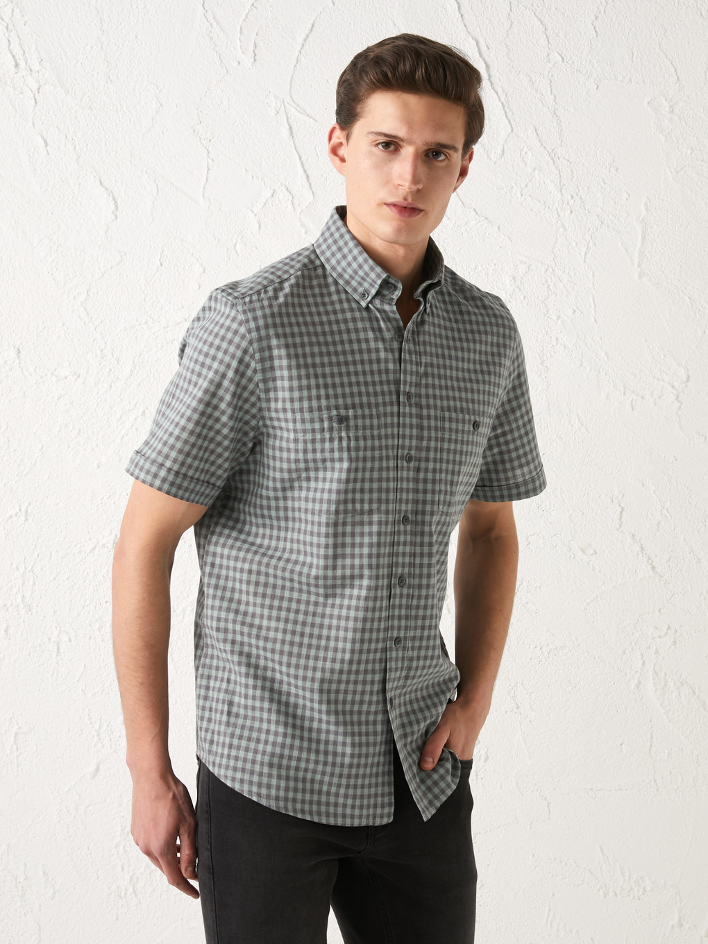 Yeşil Regular Fit Kısa Kollu Ekose Poplin Erkek Gömlek-1